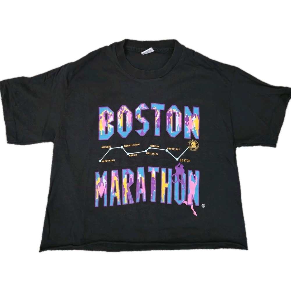 VTG 90s Boston Marathon T Shirt Black Size XL Cropped Single Stitch Anvil